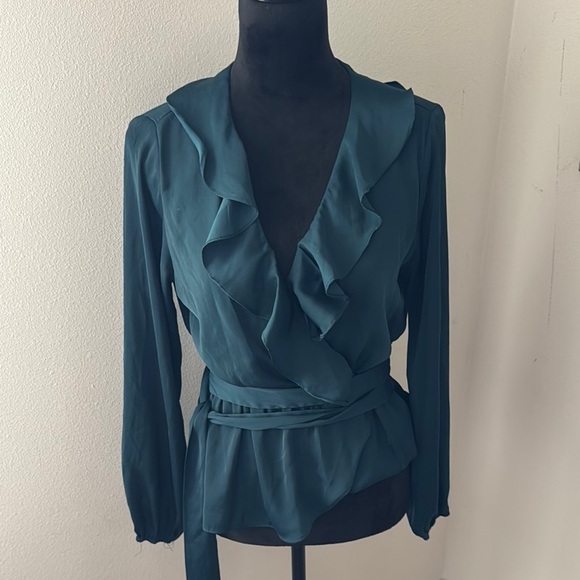 Max Studio forest green ruffle front v cleavage long balloon sleeves satin top S - Picture 1 of 6